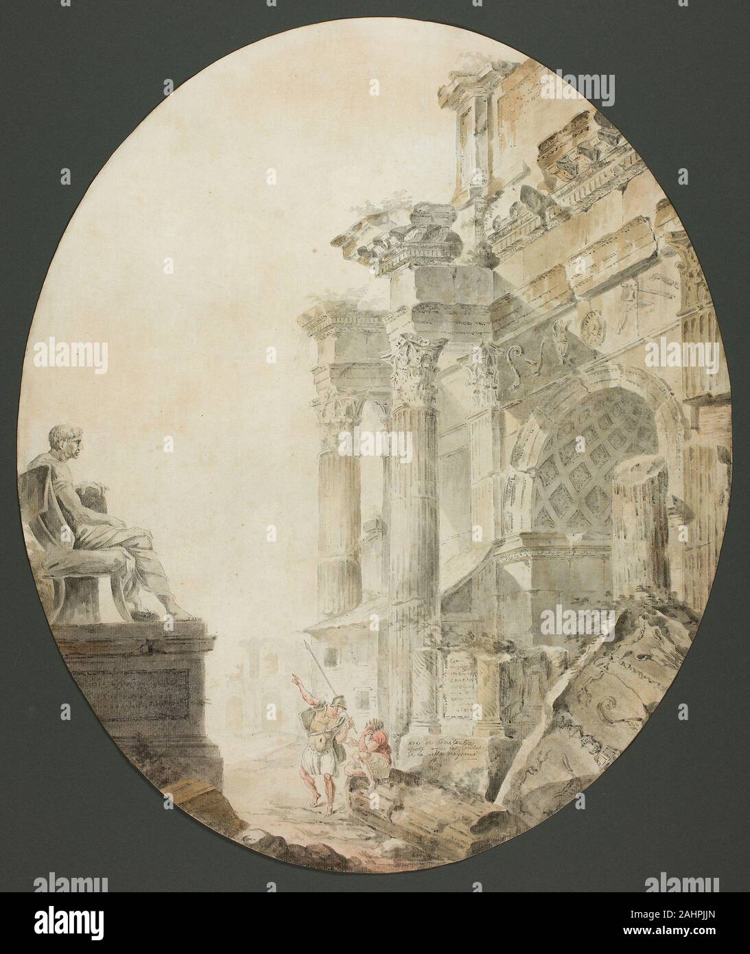 Hubert Robert. Triumphbogen des Konstantin mit Statue von Nero. 1765 - 1775. Frankreich. Feder und schwarzer Tusche und Pinsel in Grau waschen, mit Aquarell, auf Elfenbein oval geformte Bütten Stockfoto