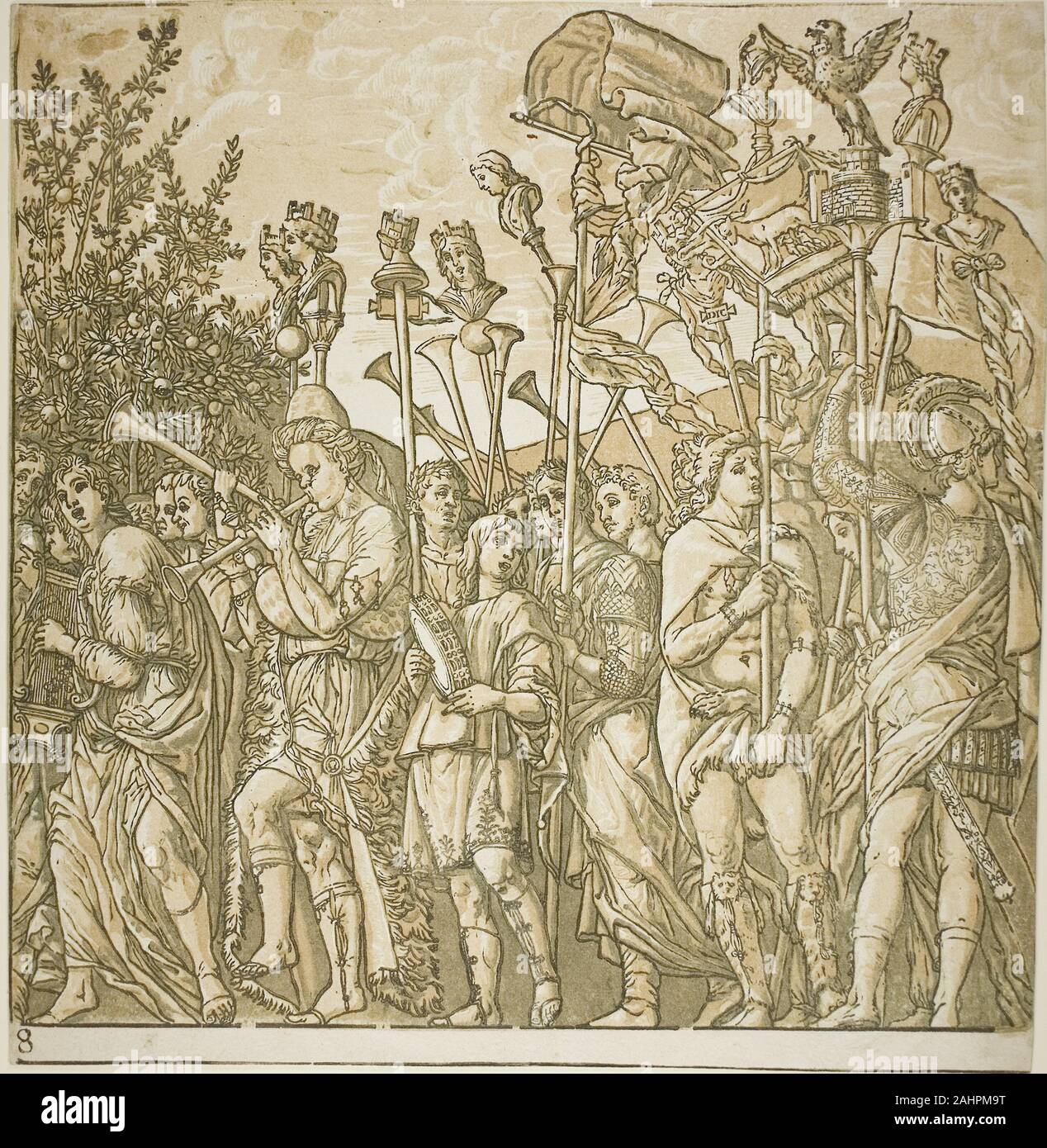 Andrea Andreani. Triumph von Caesar. 1599. Italien. Chiaroscuro Holzschnitt aus vier Blocks in Schwarz, leichte und mittlere bräunlich grau und dunkelgrau auf Off-white Bütten Andrea Andreani's Triumph von Caesar in mehreren Farben erhältlich war, einschließlich Grau und Orange. Jede chiaroscuro Blatt enthalten eine Reihe von Schattierungen einer einzelnen Farbe, eine für jeden Ton blockieren, die kombiniert, um das endgültige Bild mehr Tiefe und das Aussehen einer Zeichnung zu geben. Die Holzschnitte wurde mit einem Titel Seite anzeigen Andrea Mantegnas Portrait und mit einem Satz von Spalten (fehlt in dieser Eindruck) an c ausgestellt Stockfoto