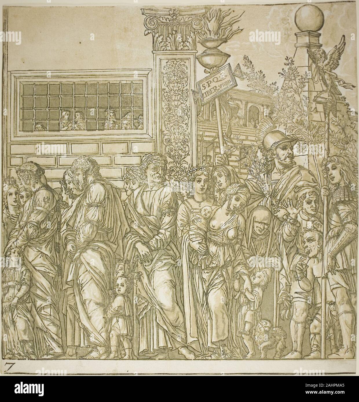 Andrea Andreani. Triumph von Caesar. 1599. Italien. Chiaroscuro Holzschnitt aus vier Blocks in Schwarz und hell, mittel und dunkel grünlich grau auf weißem Bütten Andrea Andreani's Triumph von Caesar in mehreren Farben erhältlich war, einschließlich Grau und Orange. Jede chiaroscuro Blatt enthalten eine Reihe von Schattierungen einer einzelnen Farbe, eine für jeden Ton blockieren, die kombiniert, um das endgültige Bild mehr Tiefe und das Aussehen einer Zeichnung zu geben. Die Holzschnitte wurde mit einem Titel Seite anzeigen Andrea Mantegnas Portrait und mit einem Satz von Spalten (fehlt in dieser Eindruck) ou zu schneiden ausgestellt Stockfoto