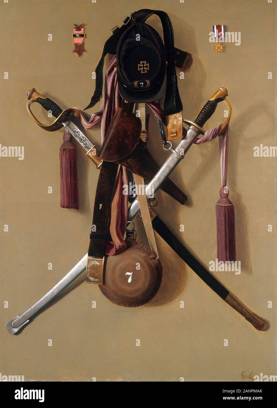 George fertig zu werden. Bürgerkrieg Regalia von großen Levi Gheen McCauley. 1887. In den Vereinigten Staaten. Öl auf Leinwand George Cope verbrachte die meiste Zeit seines Lebens in West Chester, Pennsylvania, wo spezialisierte er sich in lokalen Landschaften und Stillleben. Diese große Arbeit, im 19. Jahrhundert als eine "Ausstellung hängenden Bild bezeichnet, "war's Fertig erste dokumentierte Leinwand in der Trompe-l'oeil-Stil. 1887 von der Künstlerin Freund Levi McCauley, einem führenden Bürger in West Chester, diese sorgfältig organisiert und ausgewogene Zusammensetzung zeigt präzise gerenderte Schwerter, militärische Medaillen, eine Leder Gürtel und Schnallen, einem wichtigen Auftrag Stockfoto