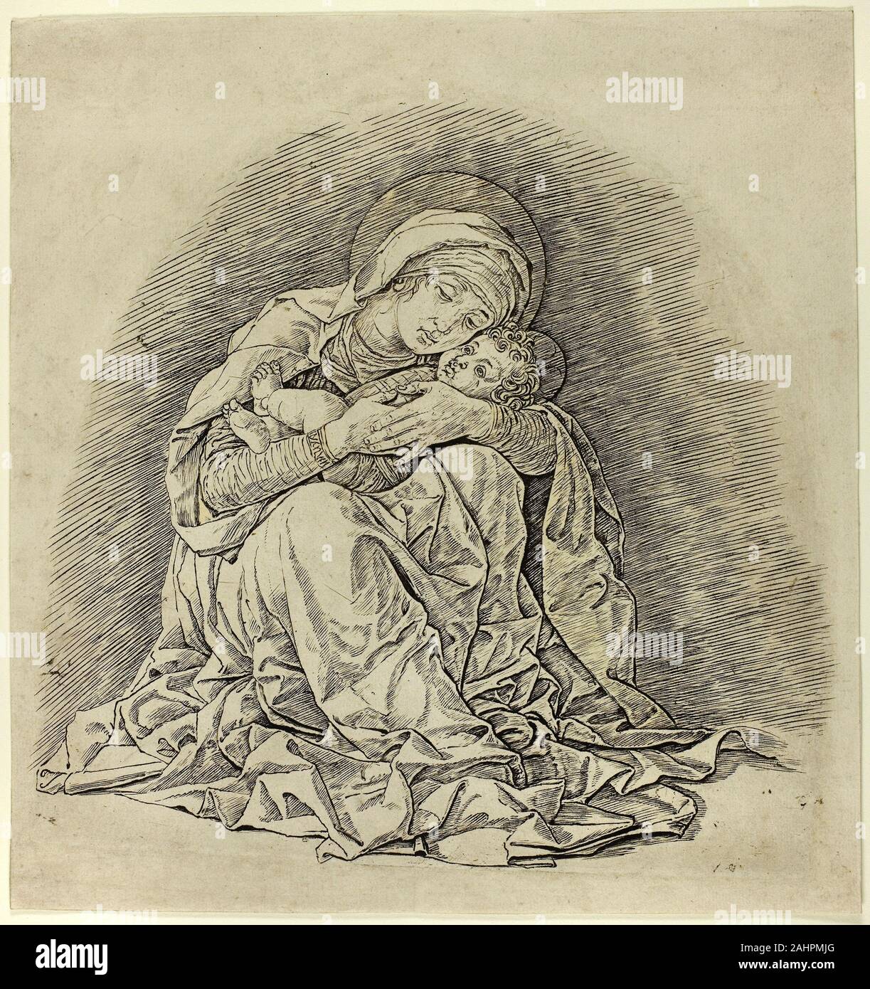 Andrea Mantegna. Jungfrau und Kind. 1485-1491. Italien. Gravur in Schwarz auf festem Bütten der Maler Andrea Mantegnas Gravuren in der Mitte der viel Kunst - historische Kontroverse. Vorhandene Dokumente deuten darauf hin, dass er den Auftrag andere Künstler einige seiner Drucke für Ihn zu gravieren, und dass andere Gravuren können von Mantegna Zeichnungen gemacht wurden. Dieses monumentale Bild der demütige Jungfrau Maria mit dem Kind Christus zusammengekauert auf dem Boden ist eines der nächsten zu Mantegnas Gravur Stil. Ob er es selbst eingraviert, die leistungsstarke diagonale Striche, die expressive Funktion Stockfoto