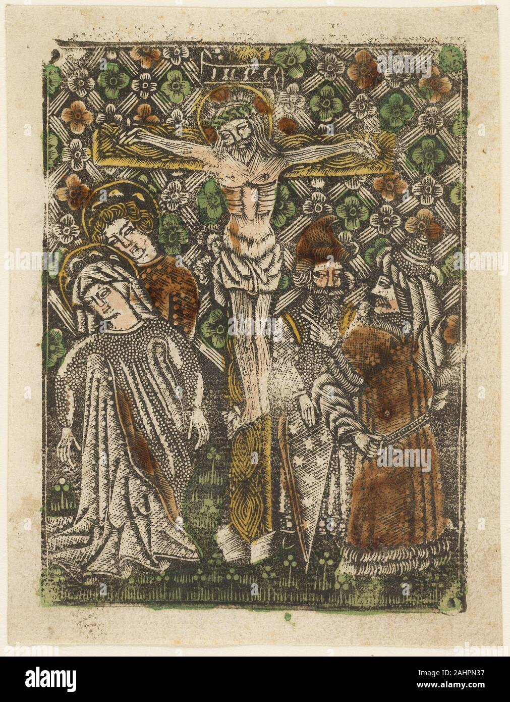 Unbekannter Künstler. Der Tod Christi. 1460 - 1465. Deutschland. Metalcut in schwarze Hand gefärbt mit Pinsel und Aquarell in gelb, rot-braunen See und Grün, auf Elfenbein Bütten, mit Manuskript Text in Stift und braune Tusche auf verso Kommunion Brot kam in verschiedenen Formen in der Renaissance in Europa, und diese Vielfalt ist besonders klar von Darstellungen des Letzten Abendmahls, wenn Christus symbolisch bietet seinen Körper zu seinen Jüngern. In diesem metalcut Serie über das Leben Christi, die Form von dem Brot - das traditionelle Brezel oder brezel - verrät, dass die Drucke in Bayern vorgenommen wurden. Während die handschriftlichen Text Stockfoto