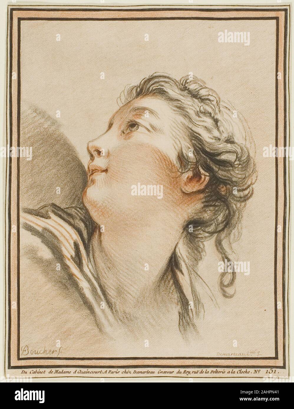 Gilles Demarteau. Kopf einer Frau. 1762 - 1772. Frankreich. Kreide - Weise Gravur in Rot und Schwarz auf Elfenbein Bütten Stockfoto