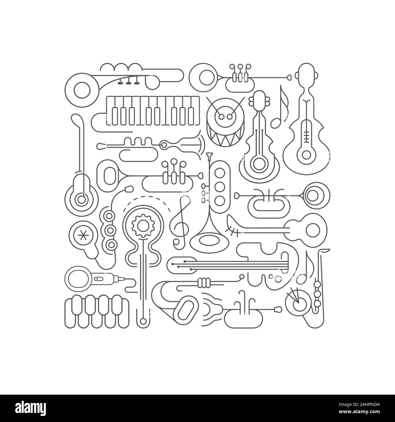 Graue Linie kunst auf weißem Hintergrund Musik instrumente Vektor-illustration isoliert. Quadratische Form Design mit Musikinstrumenten und Geräten. Stock Vektor