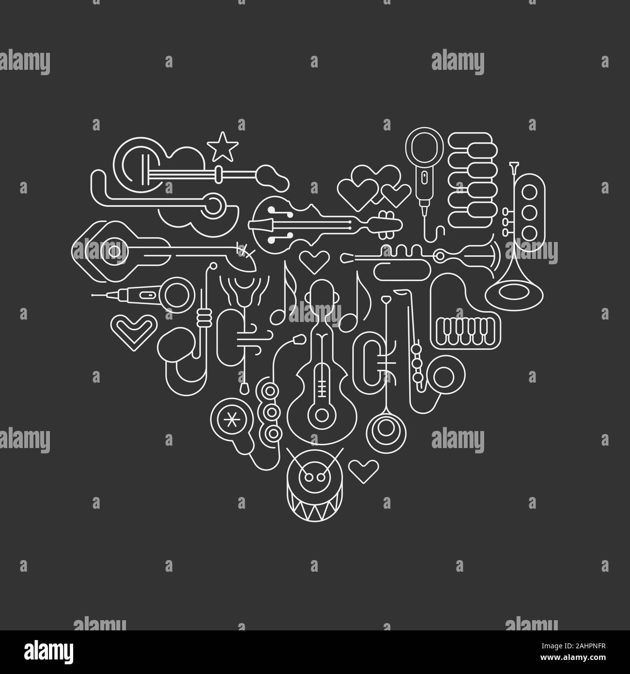 Weiße Linie kunst Silhouetten auf einem dunkelgrauen Hintergrund musikalische Herz Vektor-illustration isoliert. Herz Shape Design mit Musikinstrumenten. Jede ELEME Stock Vektor