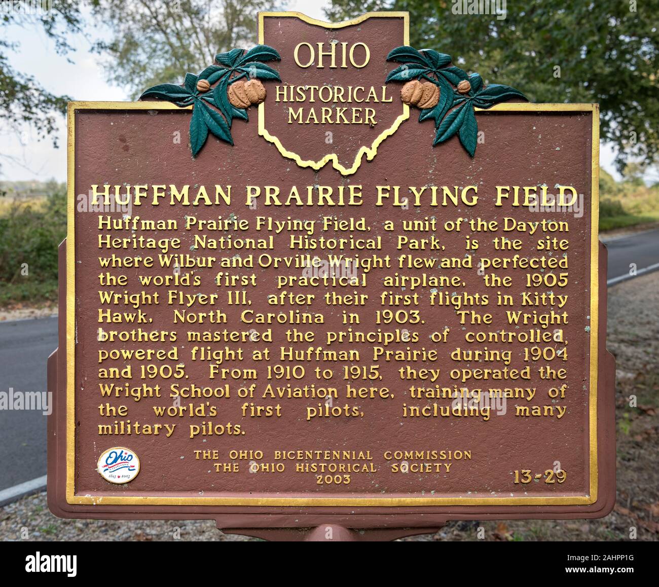 Historische Markierung für Huffman Prairie Flugfeld, Dayton Aviation Heritage National Historical Park, Dayton, Ohio, USA. Stockfoto