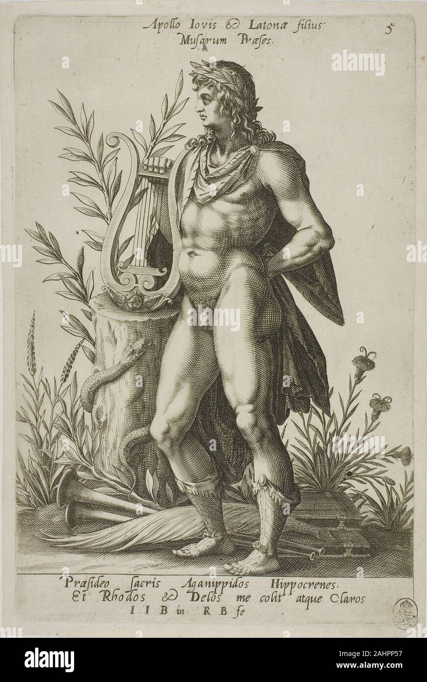 Robert Boissard. Apollo, Platte 5 von Parnassus Bizeps. 1601. Frankfurt/Oder. Gravur in Schwarz auf Elfenbein Bütten Stockfoto