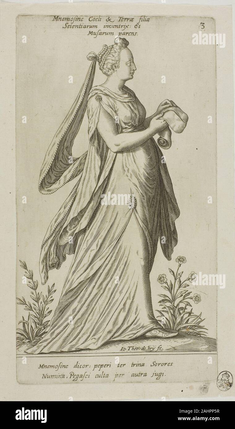 Johann Theodor de Bry. Mnemosine (Speicher), Platte 3 von Parnassus Bizeps. 1601. Frankfurt/Oder. Gravur in Schwarz auf Elfenbein Bütten Stockfoto