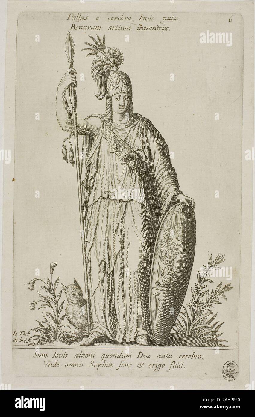 Johann Theodor de Bry. Pallas Athene, Platte 6 von Parnassus Bizeps. 1601. Frankfurt/Oder. Gravur in Schwarz auf Elfenbein Bütten Stockfoto