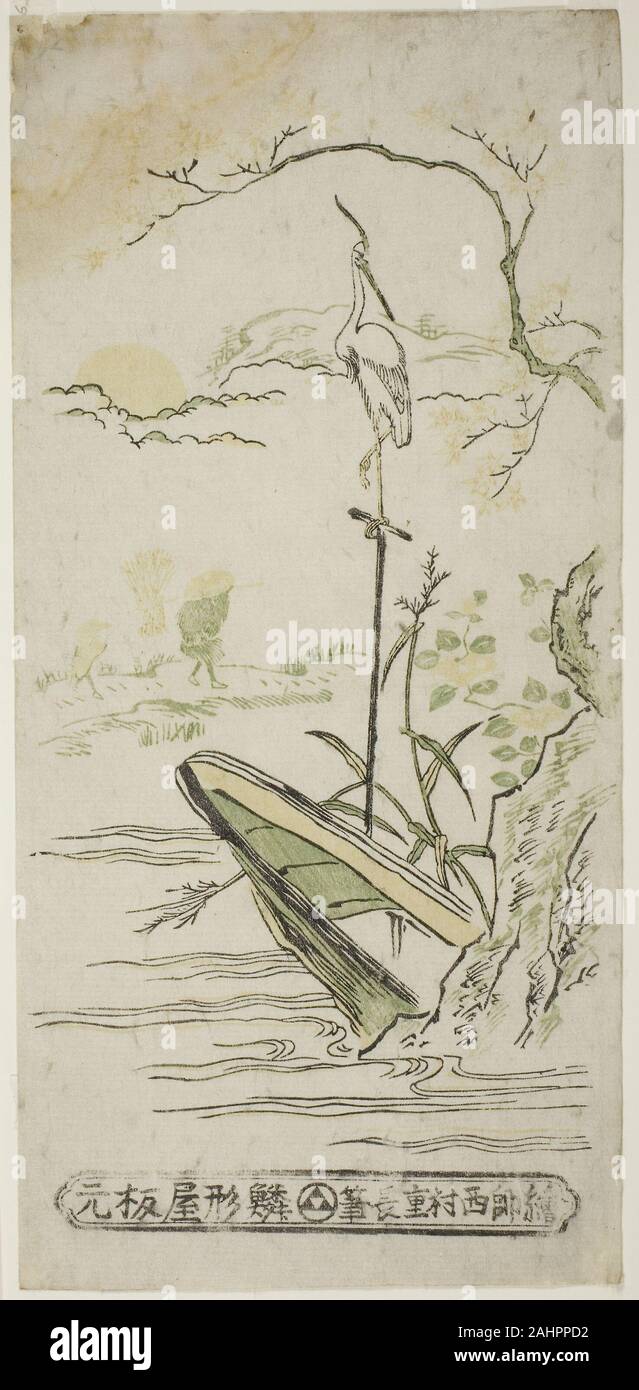 Nishimura Shigenaga. Landschaft mit Heron und Boot. 1697 - 1756. Japan. Farbe holzschnitt; hosoban, benizuri-e Stockfoto