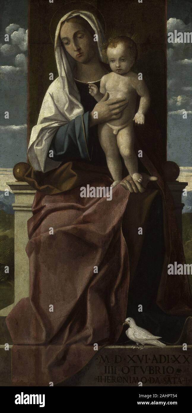 Girolamo da santacroce. Jungfrau und Kind inthronisiert. 1516. Italien. Tempera und Öl auf Holz, auf Leinwand übertragen Stockfoto