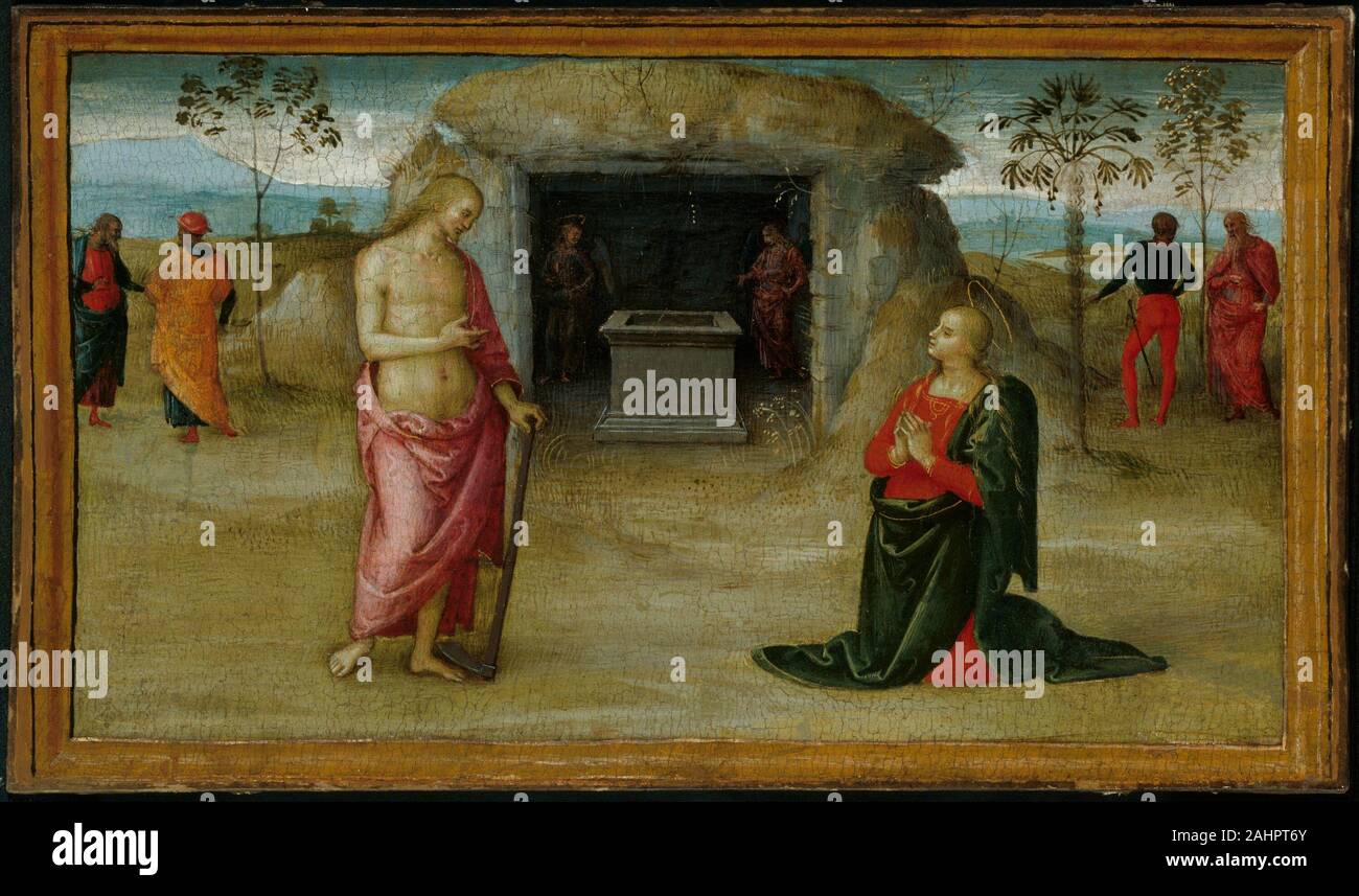 Perugino. Noli Me Tangere. 1500 - 1505. Italien. Tempera auf Holz, auf Leinwand Perugino Serene's und seriöse Kunst übertragen wurde weithin einflussreichen in seinem gebürtigen Region Umbrien und darüber hinaus die meisten berühmt durch seinen Kontakt mit dem jungen Raphael. Diese vier Panels, zusammen mit einer anderen Darstellung der Auferstehung, heute im Metropolitan Museum of Art, New York, einmal stellte eine PREDELLA - eine Reihe von kleinen Bilder, die oft mit narrativen Inhalt und bildet die Basis für ein Altarbild. In diesem Fall ist die Malerei, die oberhalb der Predella als Brennpunkt des Retabels positioniert wurde, ist unident Stockfoto