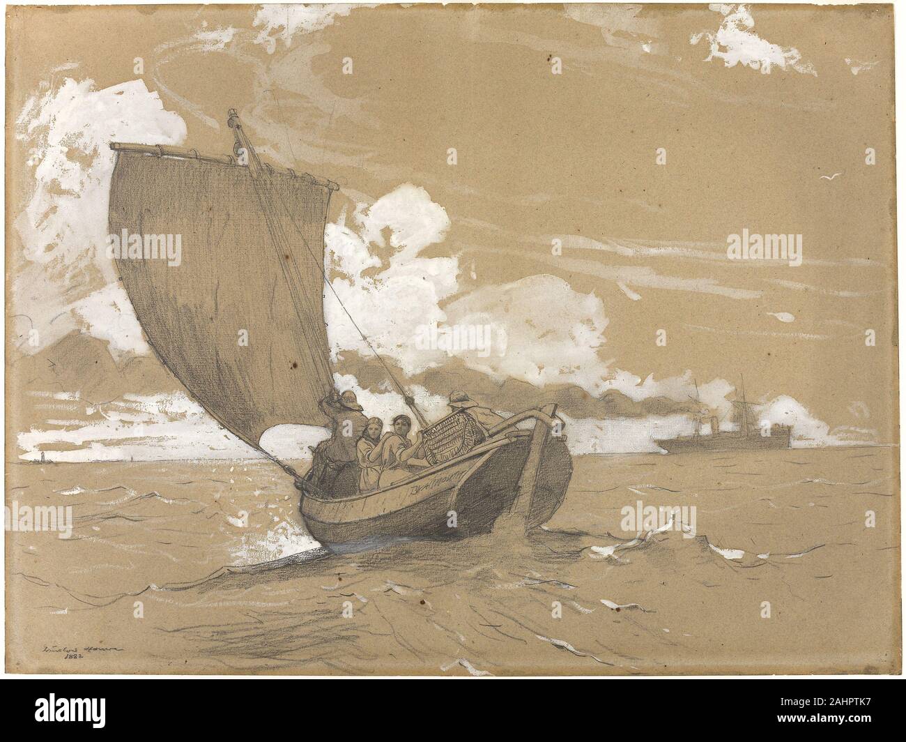 Winslow Homer. Angeln aus Scarborough. 1882. In den Vereinigten Staaten. Graphit und Deckweiß Aquarell, mit Spuren von Schwarze Kreide, auf mittelschwere, leicht strukturiertem, tan Bütten mit blaue und rote Fasern während des Aufenthalts Homers in England von 1881 bis 1882 hatte er ein Studio auf einer Klippe mit Blick auf cullercoats Hafen, wo er das Kommen und Gehen der Fischerboote beobachtet vermietet. Angeln aus Scarborough zeigt zwei junge Frauen und zwei Fischer in einem Coble, wie es Schichten durch Küstengewässer. Sorgfältig in Graphit gerendert, die Figuren und Fischerboot stehen in Kontrast zu Homers spontane, abstrac Stockfoto