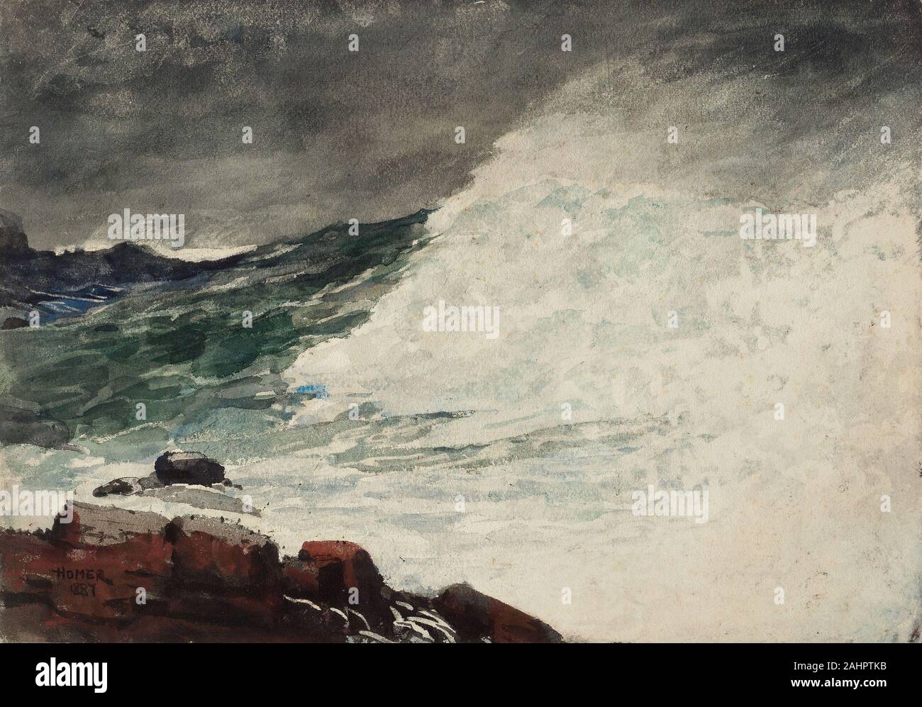 Winslow Homer. Die Prout Hals, brechenden Welle. 1887. In den Vereinigten Staaten. Transparente Aquarell, mit einem Hauch von opak Aquarell, Wiedervernässung, Blotting und Schaben, über widerstehen und Spuren von Graphit, auf mittelschwere, leicht strukturierte, Elfenbein webte Papier, legte sich auf Creme webte Papier Philip Strahl die Website für die Prout Hals identifiziert hat, Brechenden Welle als "die Küste ist ein wenig über Wasser in der Nähe von Cannon Rock, auf der Suche nach hohen Klippe", und fügte hinzu, dass Homer" ab diesem Punkt fast täglich im Sommer und Herbst gefischt und muss solche Wellen Tausendmal (Beam 1966 n.p. gesehen haben Stockfoto