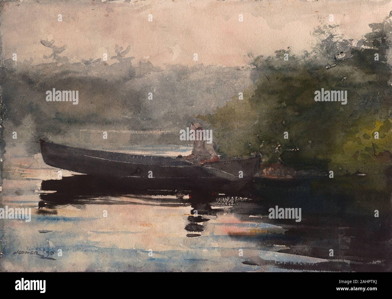 Winslow Homer. Am Ende des Tages, Adirondacks. 1890. In den Vereinigten Staaten. Transparente Aquarell, mit Spuren von opak Aquarell, Wiedervernässung, Blotting und Schaben, über Spuren von Graphit, auf mäßig dick, rauen, Elfenbein webte Papier am Ende des Tages, Adirondacks erfasst Introspektive eines Fischers Moment. Homer gerendert das Licht der untergehenden Sonne mit blass rosa und orange waschen, in den Himmel gesehen und im Wasser wider. Laub im Hintergrund und auf der rechten Seite des Bildes ist abstrakt dargestellt, Hinzufügen zu dunstige Atmosphäre der Szene. Dieser Bereich zeigt Anzeichen von Überlastung, Stockfoto