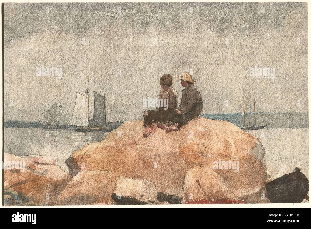 Winslow Homer. Zwei Jungen Schooners beobachten. 1880. In den Vereinigten Staaten. Aquarell, mit Graphit, auf mäßig dick, rauen, Elfenbein webte Papier 1880 Erstellt während der zweiten Homer's Besuch in Gloucester, Massachusetts, zwei Jungen beobachten Schooners zeigt zwei Jungen auf einem riesigen Felsen, ein Aussichtspunkt, von dem aus Sie ein Auge auf das Kommen und Gehen der Fischereiflotte halten könnte. In dieser Arbeit, die der Künstler gegenübergestellt die Figuren und Shore (in warmen Tönen gerendert) mit der kühlen Blautönen des Hafens, der Himmel und die Schoner. Auf diese Weise wird Er betonte die psychologische Isolation derer, die w Stockfoto