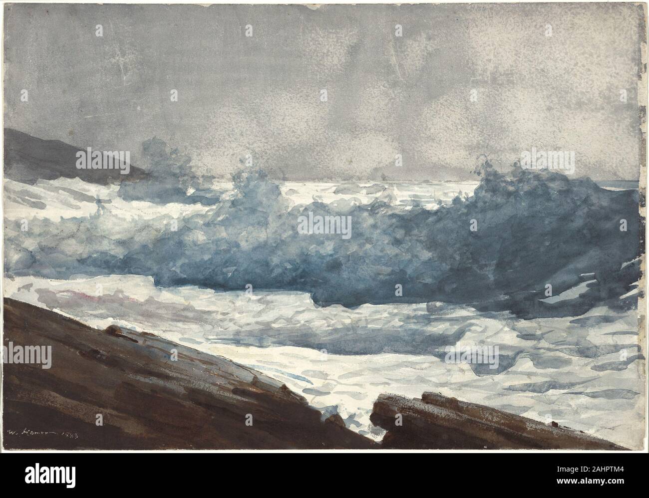 Winslow Homer. Prout am Hals, Leistungsschaltern. 1883. In den Vereinigten Staaten. Aquarell, mit Löschpapier und Schleifen, über Kohle, auf mäßig dick, mäßig strukturiertem, Entscheidung Elfenbein wob's Papier Homer 1883 nach Maine zu bewegen vermutlich angegeben sein Wunsch, in der Nähe der Natur zu leben - der prout Hals war eine Halbinsel für seine felsigen Küste und atemberaubenden Blick auf den Atlantischen Ozean. Die Prout Hals, Leistungsschalter, später das Vorbild für die monumentalen Ölgemälde am frühen Morgen nach einem Sturm auf See, zeigt die anhaltende Faszination des Künstlers mit der Kraft des Meeres. Allerdings, im Gegensatz zu seinen früheren Marine funktioniert, und o Stockfoto