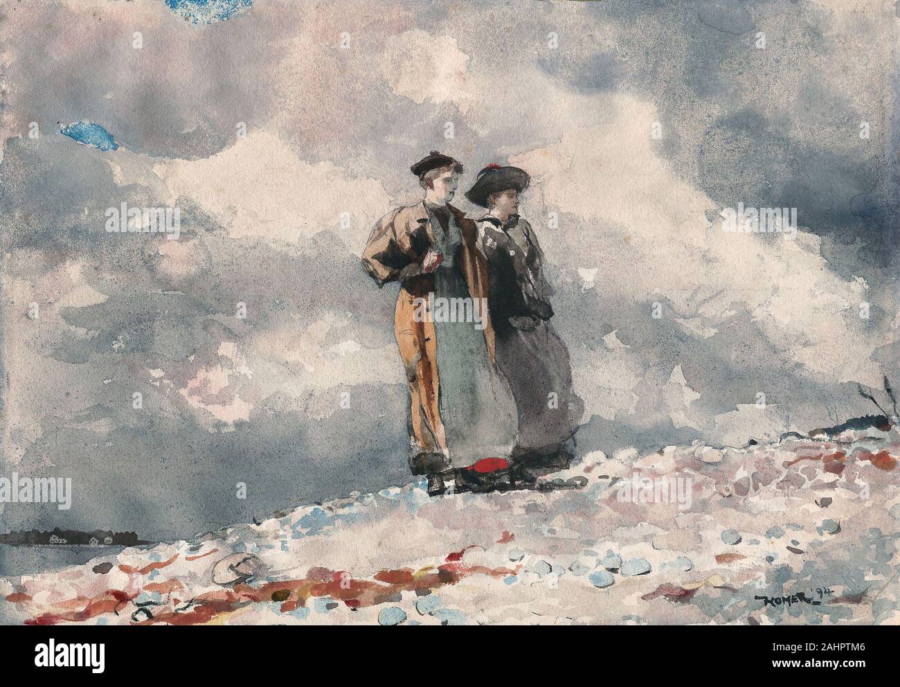 Winslow Homer. Die Outlook, Maine Küste. 1894. In den Vereinigten Staaten. Transparente Aquarell, mit Spuren von opak Aquarell, Wiedervernässung, Blotting, Spritzer und Spuren von Schaben, über Graphit, auf mäßig dick, leicht strukturierte, Elfenbein webte Papier die Outlook, Maine Küste zeigt zwei junge Frauen, die sich gegen die Windverbände auf einem hohen bei Prout am Hals, Maine blicken. Anstatt sich auf das, was die Frauen beobachten, Homer wählte der Akt der zu erkunden. Homer, ein scharfer und nachdenkliche Betrachter selbst, war mit der Erfahrung von beobachten fasziniert. In diesem Aquarell, er vi zugeordnet Stockfoto