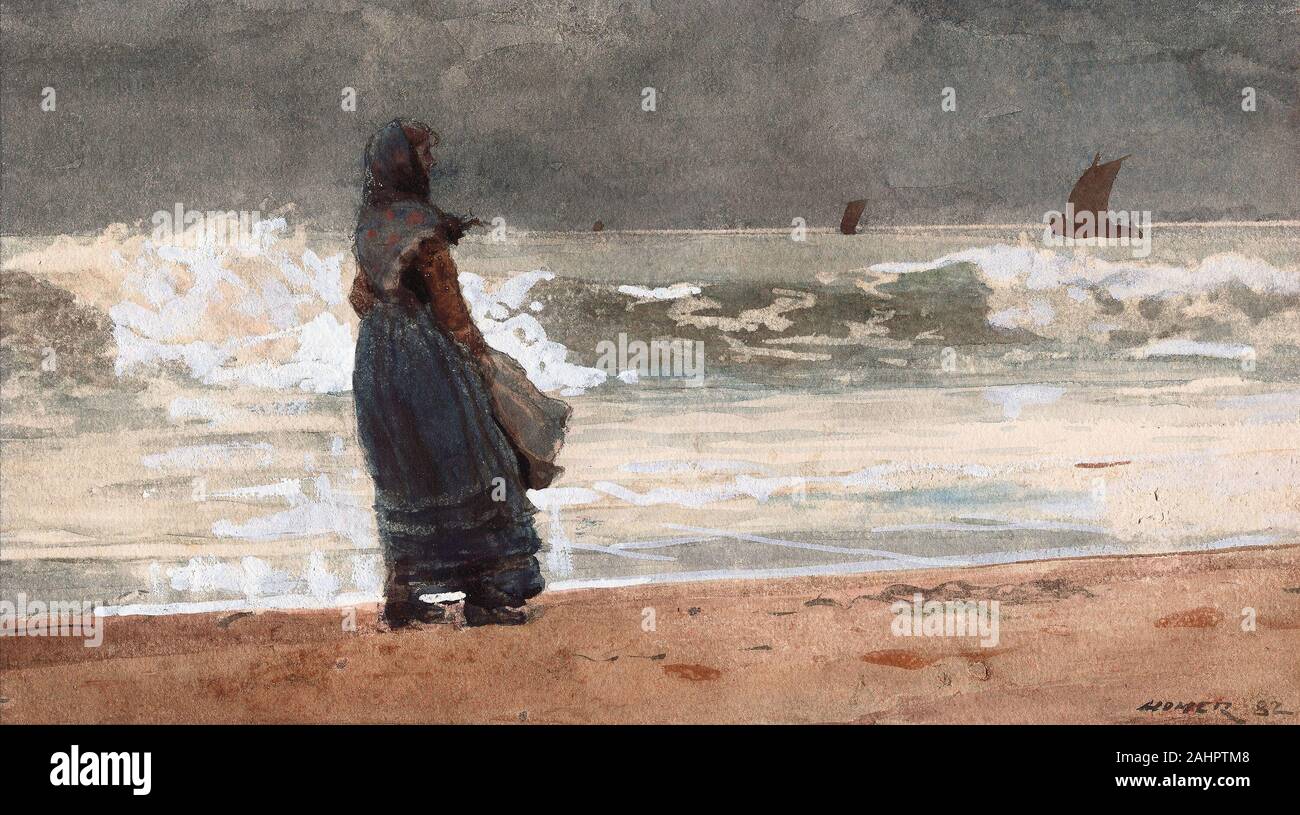 Winslow Homer. Die Watcher, Tynemouth. 1882. In den Vereinigten Staaten. Transparente und opake Aquarell, mit wiedervernässung, Blotting und Schaben, verstärkt mit Gummi-Glasur, über Graphit, auf mäßig dick, leicht strukturierte, Creme webte Papier (alle Kanten getrimmt) Während seines Aufenthalts in England, von 1881 bis 1882, Homer ließen sich in dem kleinen Fischerdorf Cullercoats, etwa zwei Meilen entfernt von der Stadt von Tynemouth. Er oft zeichnete und malte die Frauen des Dorfes, als sie beobachteten und warteten am Ufer, die Augen immer auf die häufig trügerischen Meer ausgebildet. Die Watcher, Tynemouth unterstreicht die Stockfoto