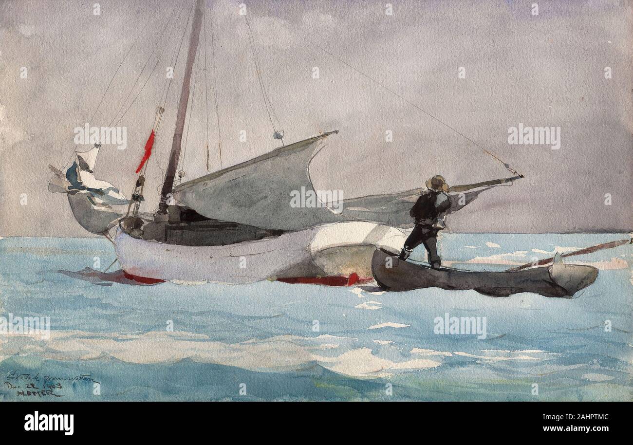 Winslow Homer. Die verstauung der Segel. 1903. In den Vereinigten Staaten. Transparente Aquarell, mit einem Hauch von opak Aquarell, Wiedervernässung, Blotting, Kratzen und Graphit, Dicke, mäßig strukturierten (twill Textur auf verso), Elfenbein webte Papier Homer Sekt Aquarell Zeichnungen von Segelbooten in Gewässern der Bahamas während seiner Reise Bahamas 1898-99 erstellt. Beim Besuch in Key West, Florida, im Winter 1903-04, frönte er weiter sein Interesse an den Details der lokalen Bootfahren. Es, Homer lackiert Verstauen Segel am 22. Dezember 1903. Alles an diesem Aquarell zeigt auf schnelle, Plein-air-Ausführung. Die Arti Stockfoto