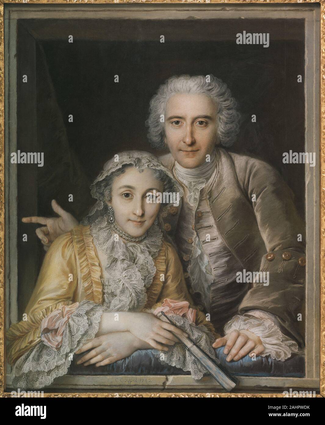 Charles-Antoine Coypel. Portrait von Philippe Coypel und seine Frau. 1742. Frankreich. Pastell blau auf Bütten, zusammengesetzt, die auf Leinwand, und streckte sich auf einer Bahre Charles-Antoine Coypel diente als erste Maler des Königs und war auch ein Professor an, und schließlich Direktor des, der Französischen Akademie. Teil eines mächtigen künstlerischen Dynastie, er war ein bedeutender Sammler, eine ästhetische Theoretiker, Dramatiker und Dichter, und eine laienhafte Schauspieler. Obwohl viele seiner wichtigsten Gemälde verloren gegangen sind, diese ungewöhnliche Doppelbildnis Pastell erinnert vermutlich zum zehnten Jahrestag des Künstlers Stockfoto