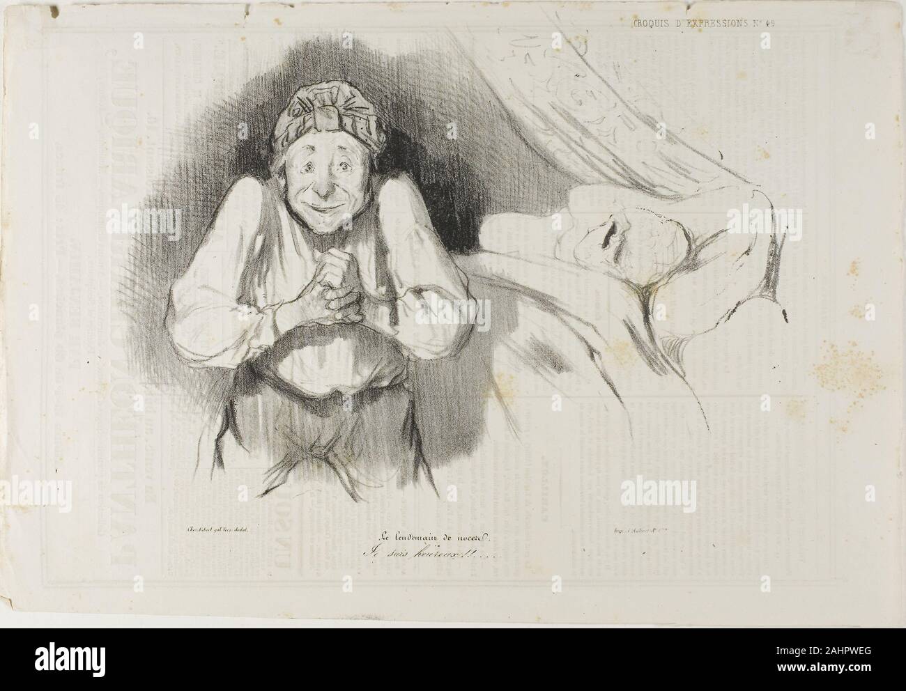 Honoré-Victorin Daumier. Missbrauch von Artikel 214 des Bürgerlichen Rechts. "Meine Dame Frau, lassen Sie mich für alles, was Sie mir nur erlauben eine miserable Rente von 3 000 Franken, die du mir aus der Tür wie ein Bettler werfen, und, mehr noch, sie wollen mich weg von Paris zu fahren, Exil, mich abzuschieben!... Nein! Nein! Ich werde Frankreich nicht verlassen! Ich werde nicht! Ich werde nicht!!... Hören Sie, ich verdanke mein Freund Bertrand 10'000 Fr., es ist ein Spieler schuld, eine Schuld von Ehren, ich verdanke mein Koch 525 Fr. Und zehn Franken für meine Kanzlei, Insgesamt 10'535 Fr. Lassen Sie mich noch ein paar tausend Franken mehr, meinem Verstand meine häusliche Sorgen zu nehmen und auf Stockfoto