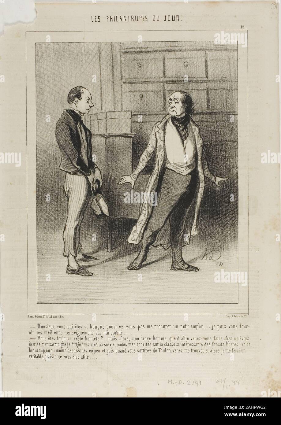 Honoré-Victorin Daumier. "Sir, Sie, die so gut sind, kann ich Sie mir kleinen.... Ich bin in der Lage, sie liefern die besten Referenzen auf meine Ehrlichkeit.... - Sie blieb immer ehrlich... Aber in diesem Fall, mein würdiger Mann, warum zum Teufel haben sie zu mir kommen, Sie sollten wissen, dass ich all mein Geschäft und alle meine Nächstenliebe auf diese hoch interessante Klasse von befreit Sträflinge konzentrieren! Warum fliegen Sie nicht und etwas stehlen oder zumindest Töten ein wenig ... und wenn Sie sich aus Toulon - Gefängnis, kommen und mich sehen... Ich werde Ihnen gerne eine helfende Hand!", Platte 19 von Les Philantropes du Jour zu bieten. 1845. Stockfoto