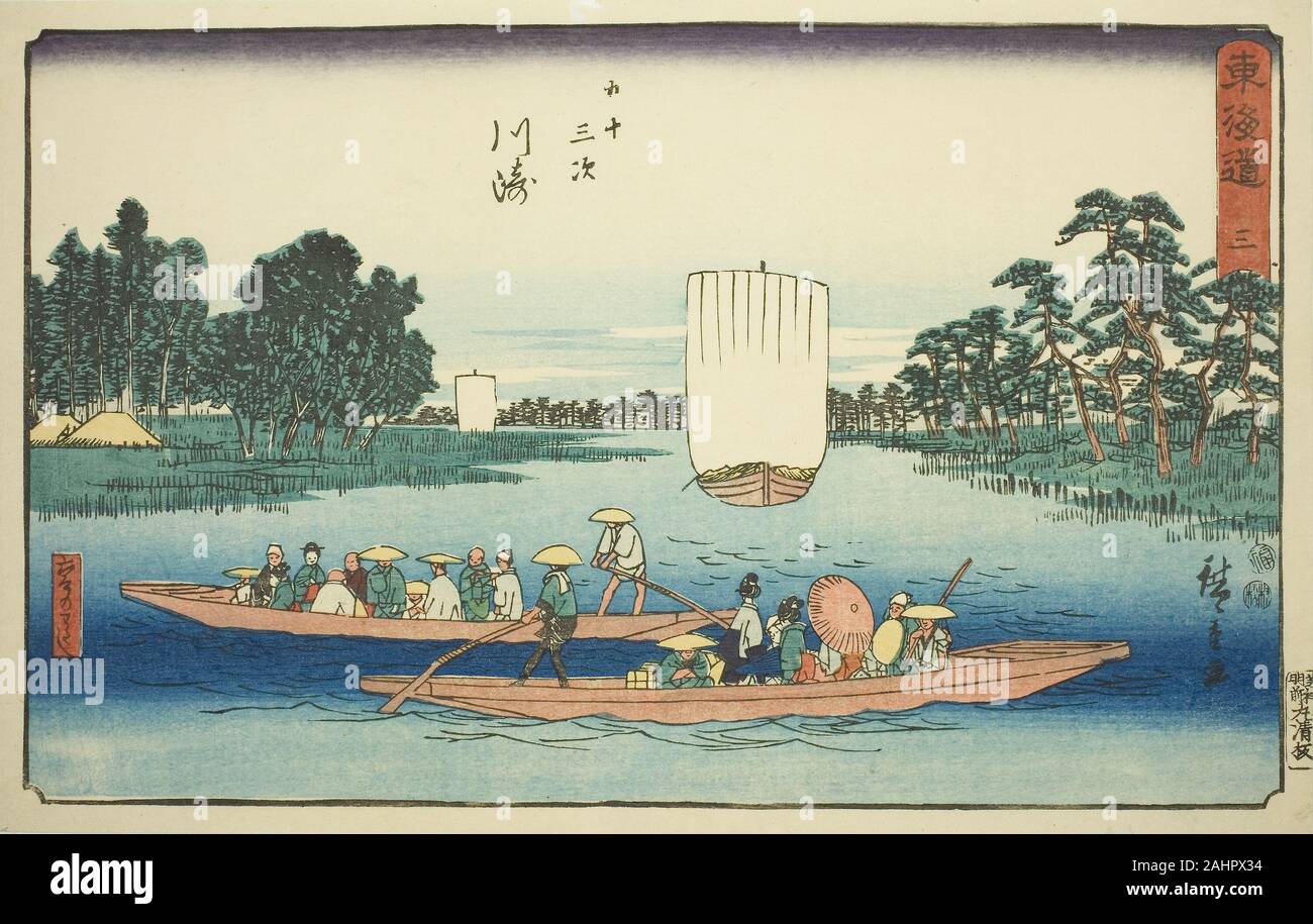 Utagawa Hiroshige. Kawasaki Die Rokugo Fähre (Kawasaki, Rokugo no Roger) - Nr. 3, aus der serie Dreiundfünfzig Stationen des Tokaido (Tokaido gojusan tsugi), auch bekannt als die Reisho Tokaido. 1842 - 1857. Japan. Farbe holzschnitt; Oban Stockfoto