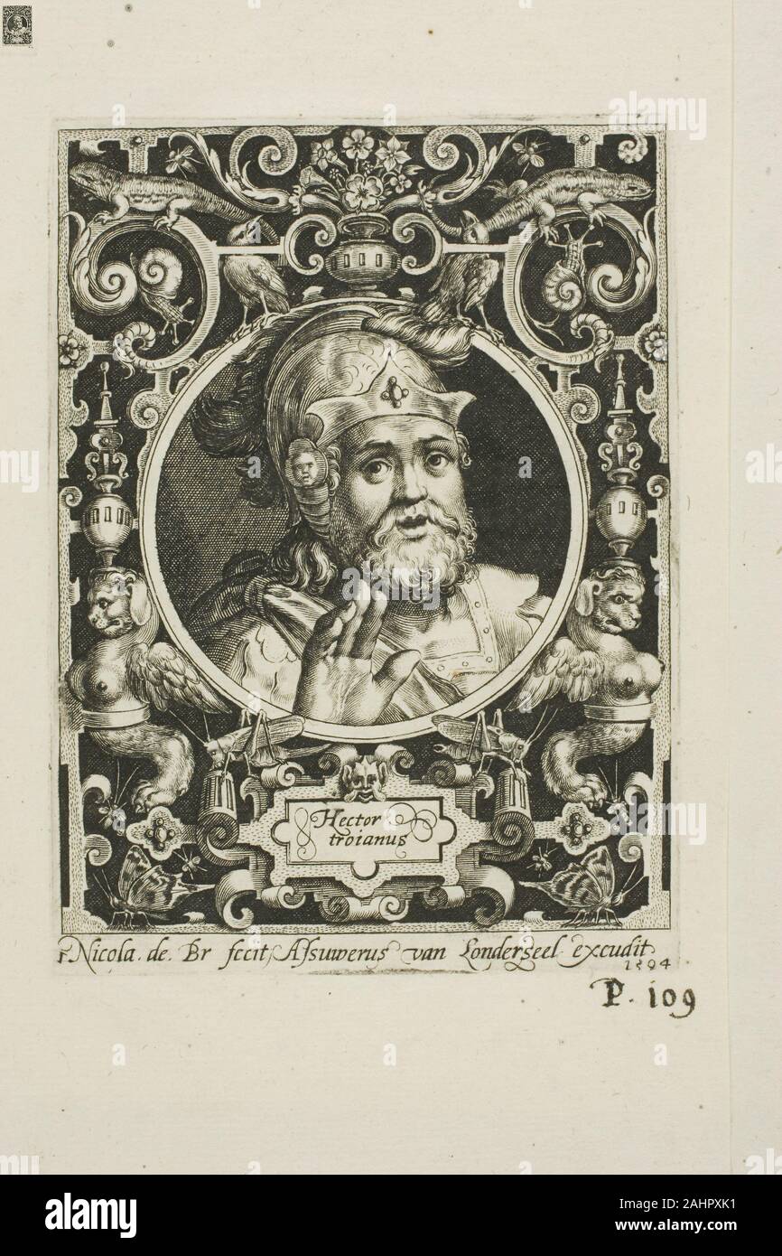 Nicolaes de Bruyn. Hector von Troy, Platte aus der Neun Glaubenshelden. 1594. Flandern. Gravur in Schwarz auf Creme Bütten Stockfoto