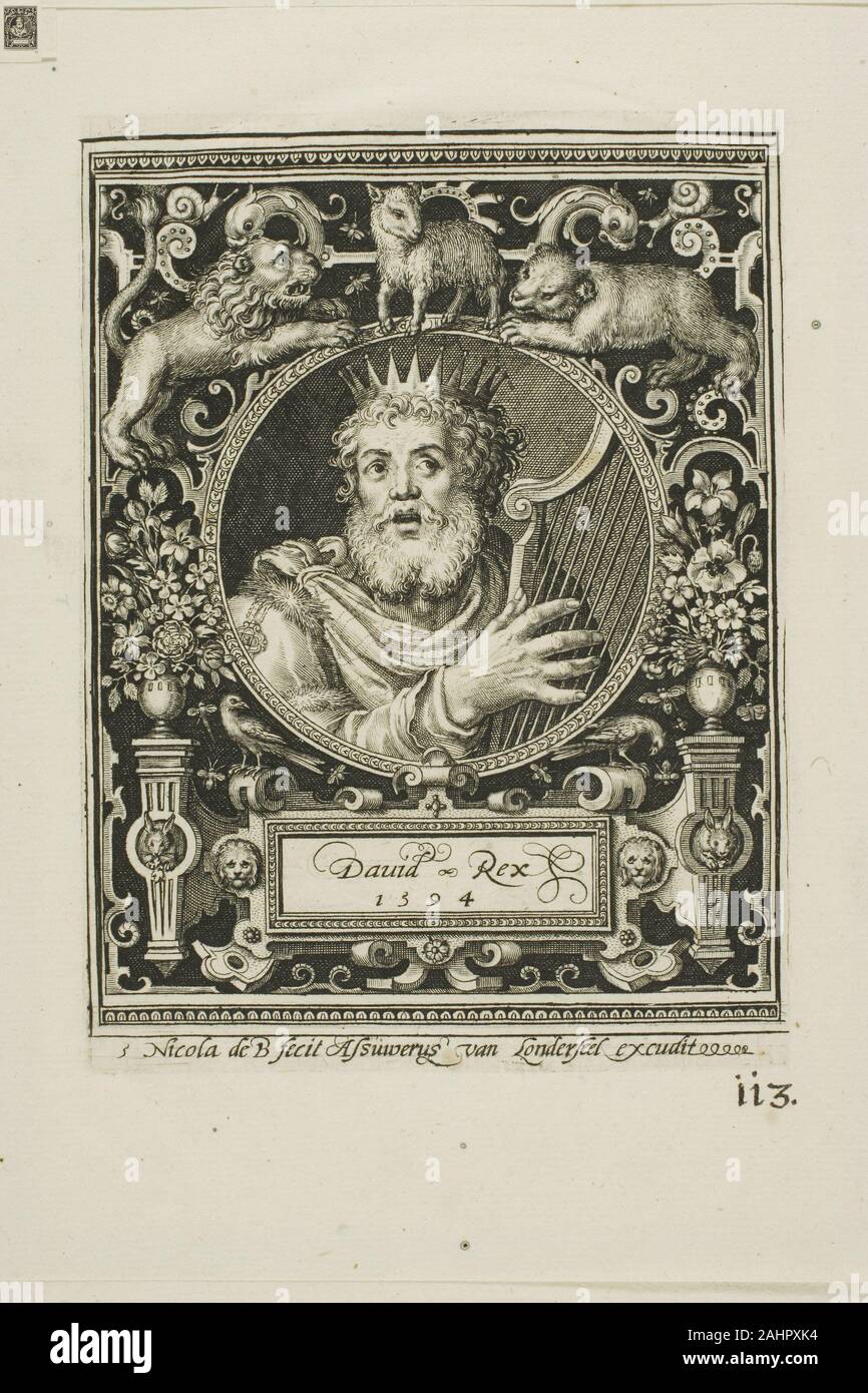 Nicolaes de Bruyn. König David, Platte fünf von neun Glaubenshelden. 1594. Flandern. Gravur in Schwarz auf Creme Bütten Stockfoto