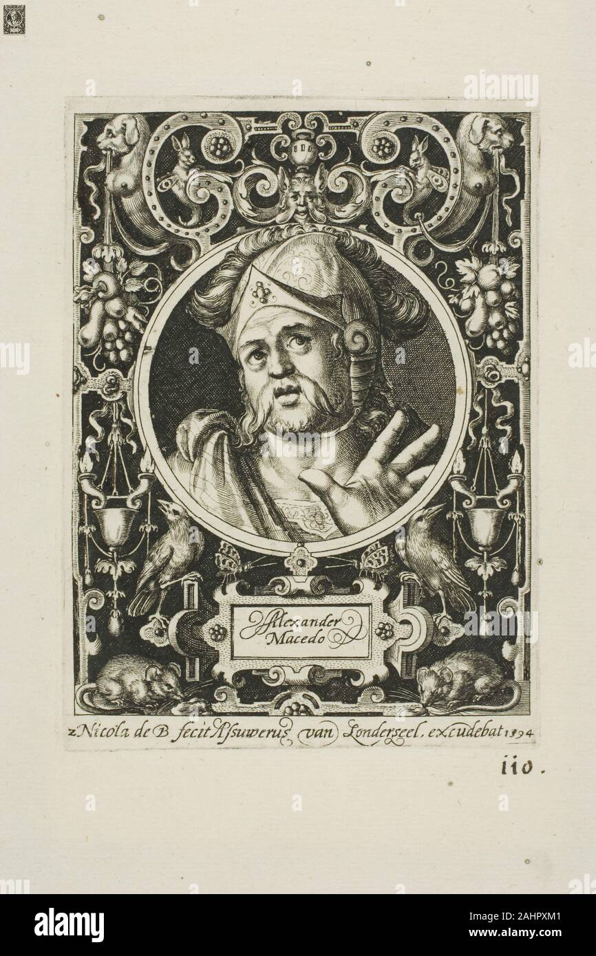 Nicolaes de Bruyn. Alexander der Große, Platte zwei von neun Glaubenshelden. 1594. Flandern. Gravur in Schwarz auf Creme Bütten Stockfoto
