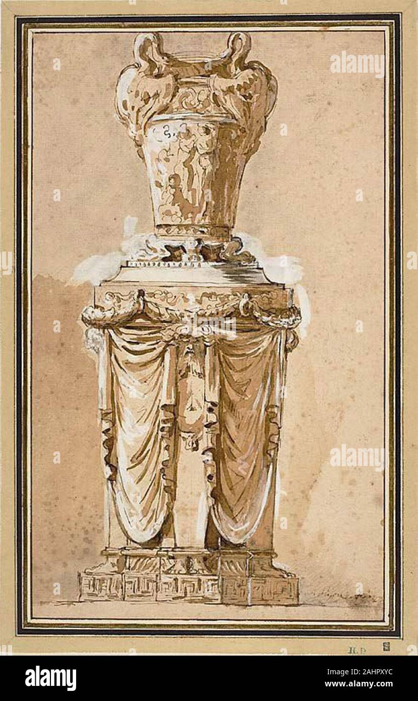 Augustin Pajou. Design für eine monumentale Vase. 1778 - 1809. Frankreich. Stift-, Pinsel- und braune und schwarze Tinte, Pinsel in Braun waschen, mit Spuren von Schwarze Kreide, mit weißer Gouache verstärkt, über Graphit, Auf festem Bütten, legte sich auf Creme gelegt Karte Stockfoto