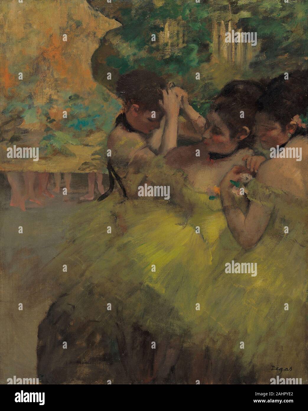 Hilaire Germain Edgar Degas. Gelbe Tänzer (in den Flügeln). 1874 - 1876. Frankreich. Öl auf Leinwand Edgar Degas ersten bemalten Tänzer als eigenständiges Subjekt im Jahre 1871. Er war fast die Hälfte seiner Leistung als Künstler zu diesem Thema zu widmen, dabei unzählige Auftritte und Proben an der Pariser Opéra. Hier legte er den Betrachter in die Flügel, als ob der Elite Opéra Teilnehmer, durchstreiften und backstage sozialisiert. Tanz Themen erlaubt Degas sein lebenslanges Interesse an, die den menschlichen Körper in Bewegung zu Contemporize, Verlagerung der Szene von der Antike bis zur Moderne Paris. Er beendete Stockfoto