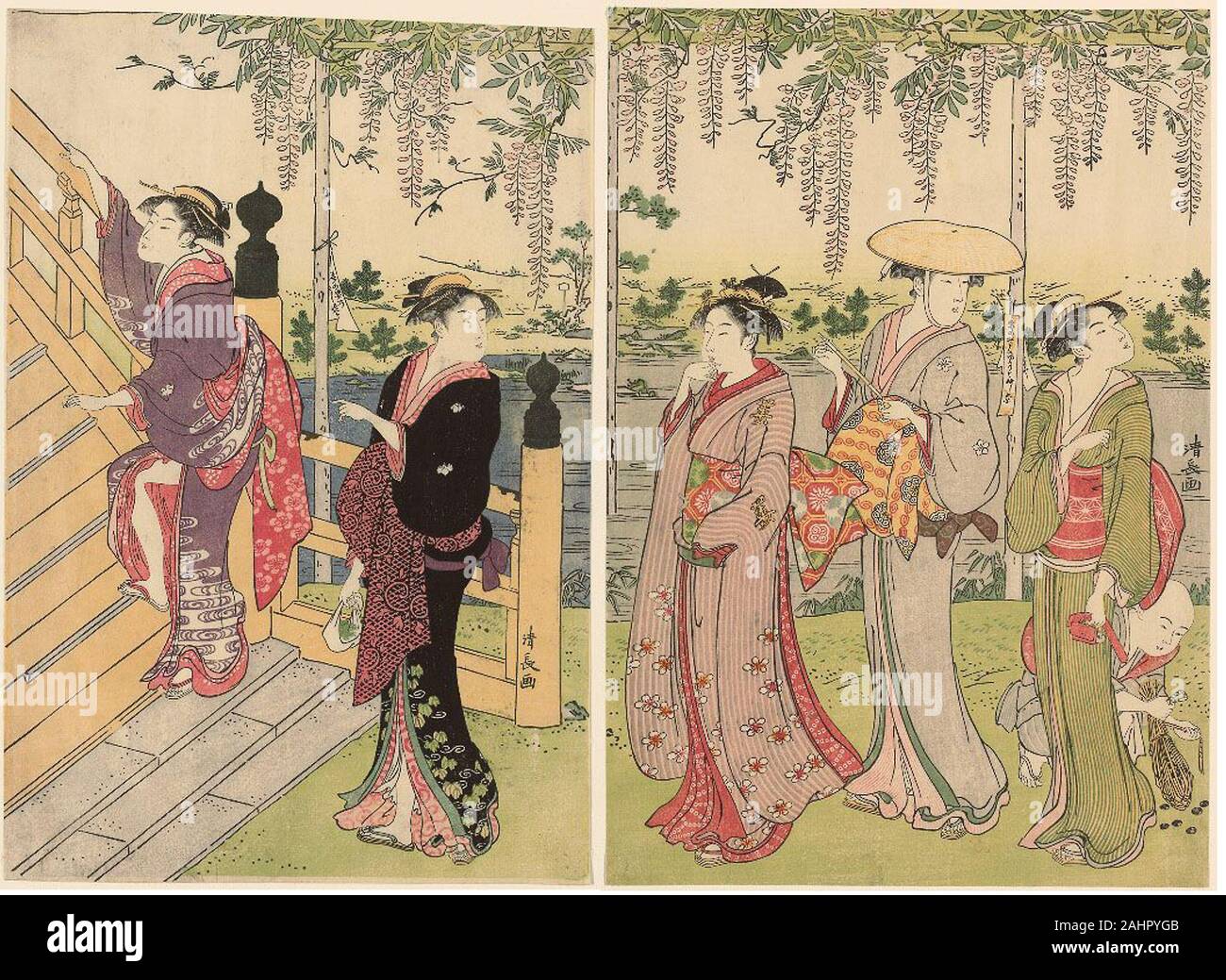 Torii Kiyonaga. Bewundern Sie die glyzinien am Kameido Schrein. 1781 - 1791. Japan. Farbe holzschnitt; Oban Diptychon Stockfoto