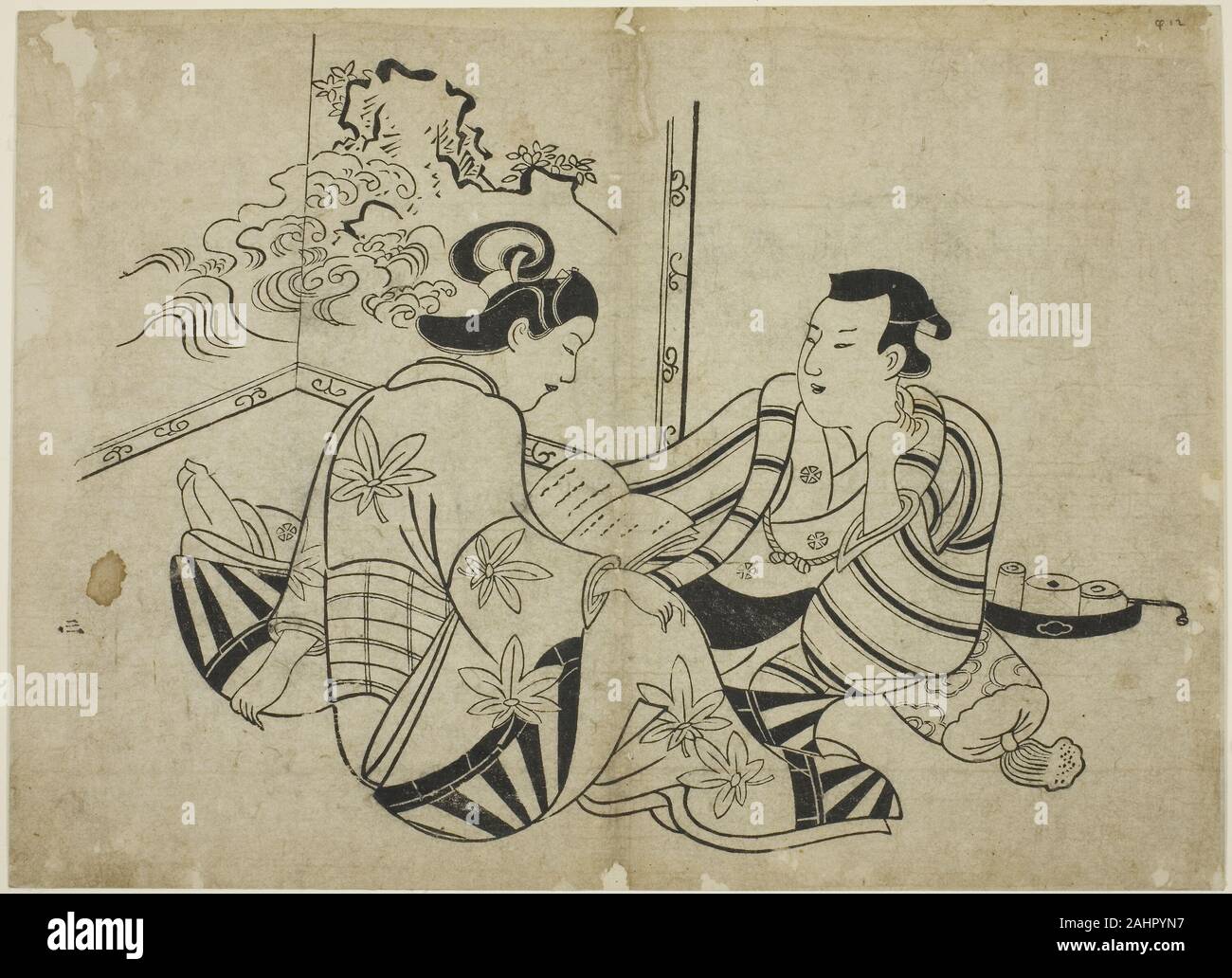 Torii Kiyonobu I lesen einen Brief vor einem Bildschirm, aus einer unbetitelten Serie von 12 Drucke. 1705 - 1715. Japan. Holzschnitt, Oban, sumizuri-e Stockfoto