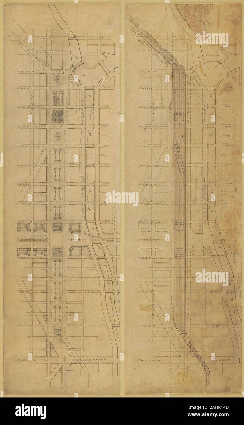 Daniel Hudson Burnham (Architekt). Platte 78 (2 Zeichnungen) aus dem Plan von Chicago, 1909 vorgeschlagene Position und Anordnung der Bahn Personenbahnhöfe westlich des Flusses. U-Schema 1. Plan von der Straße aus. 2. Plan unter Straßenniveau. 1909. Chicago. Tinte auf Transparentpapier Stockfoto