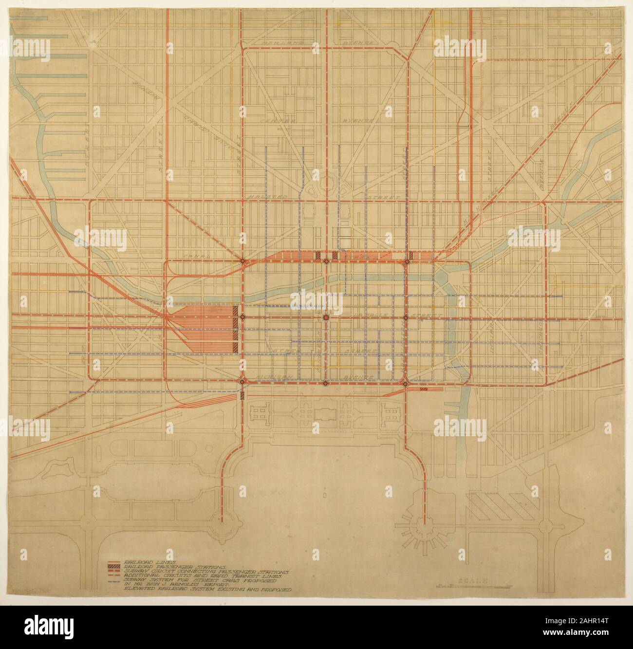 Daniel Hudson Burnham (Architekt). Platte 80 aus dem Plan von Chicago 1909 in Chicago. Diagramm des Stadtzentrum, zeigt die vorgeschlagene Anordnung der Passagier Stationen, das komplette Antriebssystem, einschließlich Rapid Transit, U-Bahn, und Erhöhte Straßen, und der Stromkreis der U-Bahn Linie. 1909. Chicago. Farbige Tinte und Farbe auf einer gedruckten Karte Stockfoto