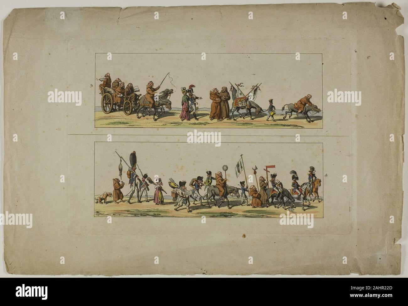 Unbekannter Künstler. Platten Drei und Vier, von L'Ouverture de la Campagne de Ultras contre la XIXe Siecle. 1800 - 1899. Frankreich. Zwei Radierungen, mit Aquarell, auf Creme webte Papier Stockfoto