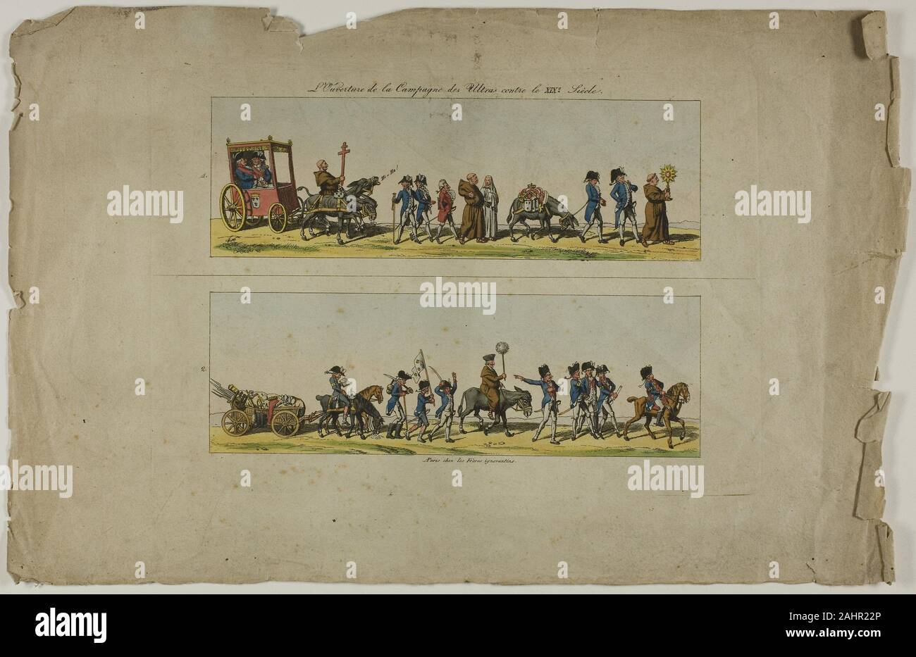 Unbekannter Künstler. Platten Eins und Zwei, von L'Ouverture de la Campagne de Ultras contre la XIXe Siecle. 1800 - 1899. Frankreich. Zwei Radierungen, mit Aquarell, auf Creme webte Papier Stockfoto