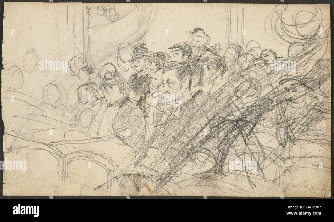 Giovanni Boldini. Publikum in einem Pariser Theater I. 1880 - 1890. Italien. Graphit auf Papier 1871 Creme webten Boldini nach Paris und befreundete Edgar Degas,, die einen Mentor wurde für den Künstler. Diese beiden Skizzenbuch Seiten spiegeln die neuartige Sichtweisen und Bold kompositorischen Geräte von innovativen Degas Theaterszenen, wie Ballett an der Pariser Opéra (siehe unten). Hier die Perspektive in der Degas Arbeit - aus dem Publikum, den Blick über das Orchester auf die Bühne - mit dem Orchester Blick auf das Publikum verschoben. Stockfoto