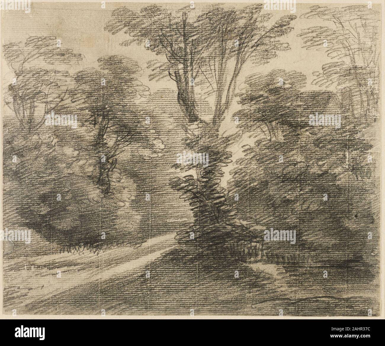 Thomas Gainsborough. Der Sonnenbeschienenen Weg durch einen Wald. 1745 - 1764. England. Graphit, mit Pinsel in Grau waschen, creme Bütten, legte sich auf Creme webte Papier, Kante an Grau-Creme webte Papier montiert diese Arbeit kommt aus dem Körper von landschaftsskizzen, Gainsborough zu seiner eigenen Freude gemacht, saß seine Frau am Abend. Obwohl sie ursprünglich nicht gedacht Waren verkauft werden, sind diese frisch und kräftig Zeichnungen - von einem Freund als "ergüssen des Genies" - mehr als drei Viertel der Ausgang des Künstlers als Zeichner gefeiert und sind nun die begehrtesten seiner Werke auf Papier. Stockfoto