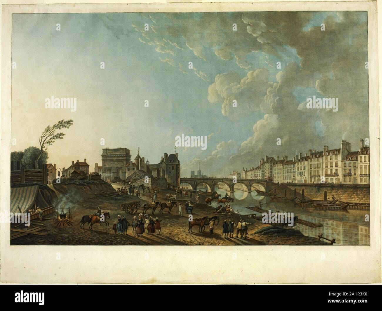 Charles Melchior Descourtis. Port St. Bernard. 1783. Frankreich. Farbe aquatinta mit Ätzen und Gravieren in schwarzer Tinte auf Creme Bütten Gouache auf Paris waren sehr populär in den 1780er Jahren, und Farbe druckt sie wurde sehr marktfähigen emulieren. Diese seltene Proof ist eine der teuersten solcher Blick auf Höhe der Markt angeboten, im Jahr 1784. Stockfoto