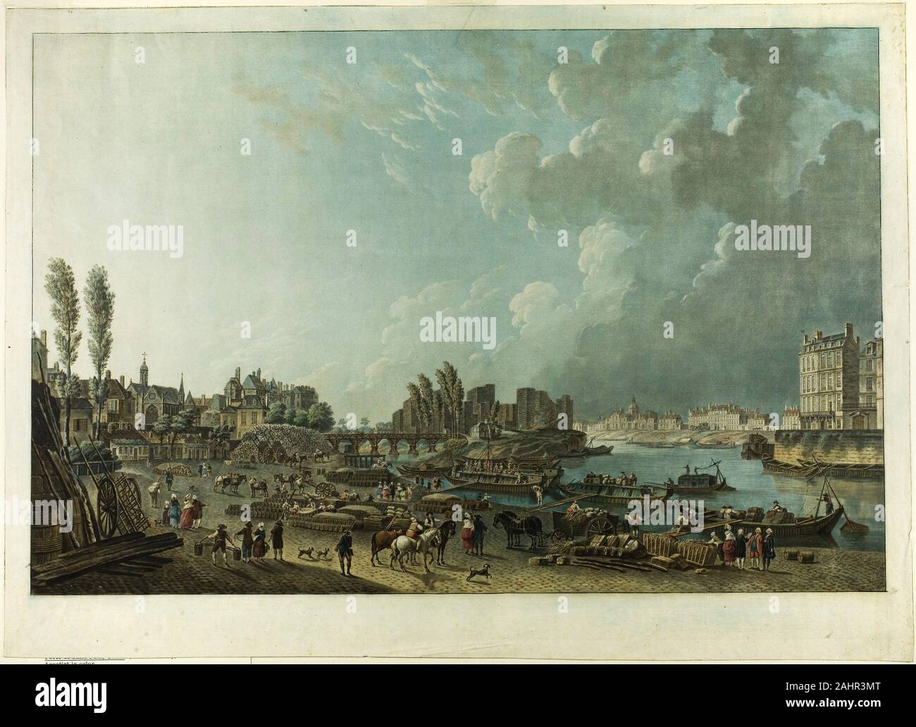 Charles Melchior Descourtis. Port de St. Paul, Paris. 1783. Frankreich. Ätzen und Gravieren in der Farbe von mindestens vier Platten auf Papier Gouache auf Paris gedruckt wurden sehr populär in den 1780er Jahren, und Farbe druckt sie wurde sehr marktfähigen emulieren. Diese seltene Proof ist eine der teuersten solcher Blick auf Höhe der Markt angeboten, im Jahr 1784. Stockfoto