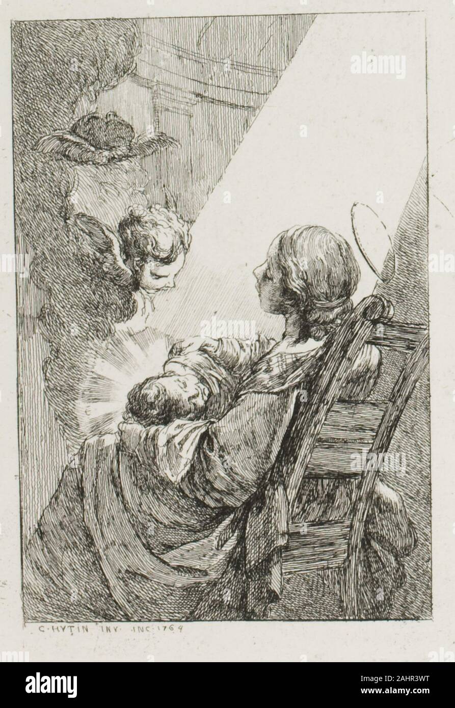 Hutin, Charles François. Die Jungfrau Maria mit dem Jesuskind. 1764. Frankreich. Ätzen in Schwarz auf weißem Papier Stockfoto
