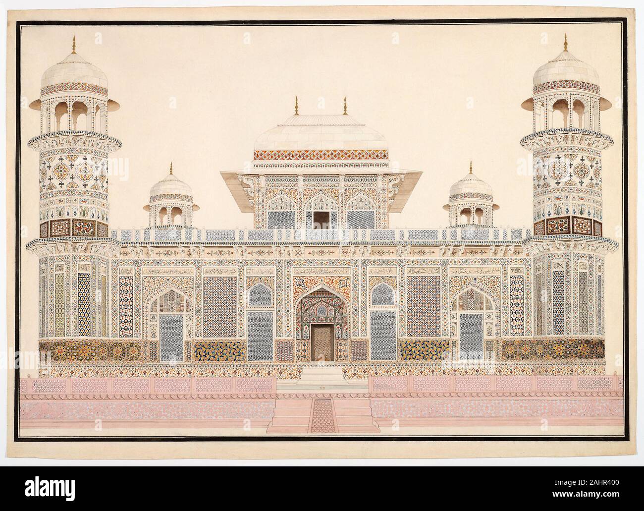 I'Timad-ud-Daula's Grab in Agra. 1815 - 1825. Indien. Aquarell auf Papier mit Wasserzeichen J. Whatman mit Bleistift, Kugelschreiber, Tinte und Gold dieses architektonische Rendering eines prächtigen Grab in Agra bietet eine präzise Darstellung der Pietra Dura Inlays und geschnitzten Marmor jali Bildschirme des Mausoleums von der Mughal Kaiserin Nur Jahan zu Ehren ihres Vaters, Mirza Ghiyas Beg, der auferstanden ist der Premierminister unter Kaiser Jahangir (r zu werden. 1605 - 27) und hielt die erhabenen Titel I'Timad-ud-Daula (Säule des Reiches). Die leistungsstarke Nur Jahan hatte enorme finanzielle Mittel zur Verfügung. Zwischen gebaut Stockfoto