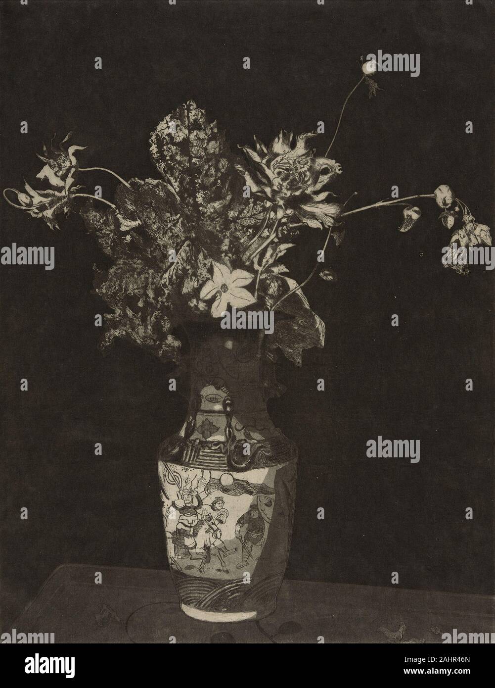 Theodore Roussel. L'Agonie des Fleurs (Schwarz und Weiss). 1890 - 1895. England. Radierung, Aquatinta softground und in Schwarz auf Creme webte Imitation japanisches Papier dieser noch Leben ist Roussel bekanntesten Drucken und stellt den Höhepunkt seiner Experimente in der Kombination von weichem Boden mit Line Radierung und Aquatinta. Die kraftvolle Wirkung der satte Schwarztöne, dezenten Grautönen und sensibel platziert Heller, ungeätzt Bereichen erhöht die unprätentiöse Gegenstand - eine Anordnung des Sterbens Blumen in einer Vase von dekorativen Steinzeug, die bereitwillig für Erwerb im späten 19. Jahrhundert London verfügbar war. Stockfoto
