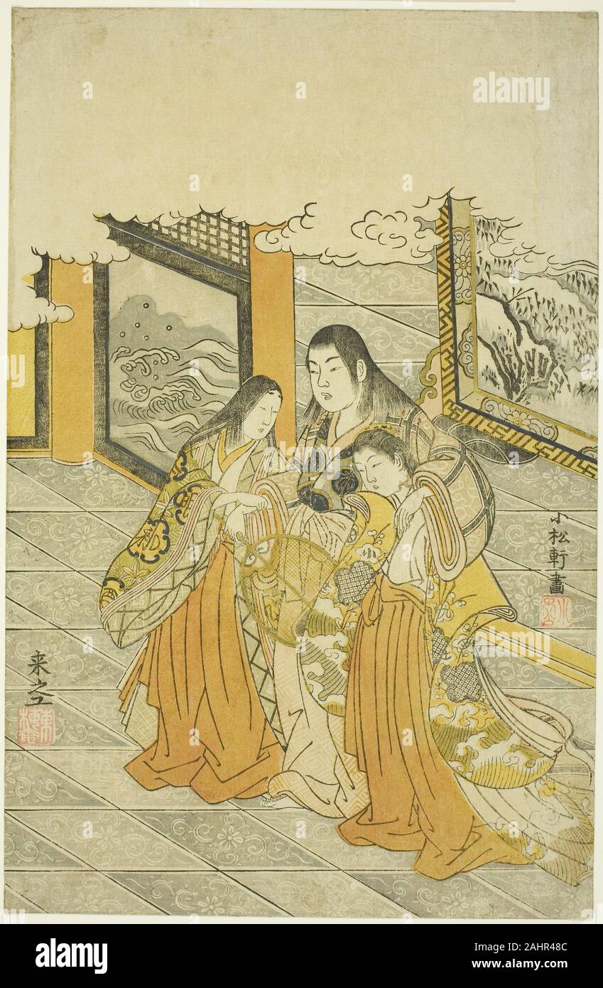Komatsuya Hyakki. In shutendoji Oeyama Palace. 1760-1770. Japan. Farbe holzschnitt; chuban In diesem Druckjob, Shutendôji, dem legendären Dämon, der auf junge Frauen, wird durch seinen Palast nach einem Bankett. Die lange Monate des Jahres sind auf seinem Kleid und die kurzen Monaten auf der Kleider der Assistent auf der rechten Seite. Dies ist eine besonders luxuriöse Drucken, mit vielen Elementen in Gold und Silber Blatt erstellt (Letzteres hat nun auf Black getrübt). Komatsuya Hyakki ist nahezu unbekannt in der Geschichte des Ukiyo-e, aber er war eine wichtige Figur seines Tages. Er war der Inhaber Stockfoto