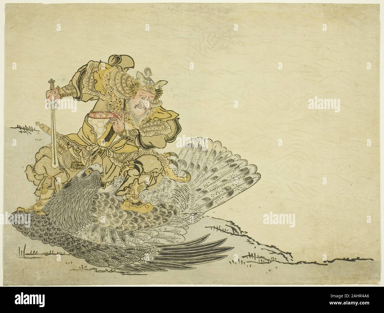 Onamushi keine kuroko Tötung der große Vogel. 1761 - 1769. Japan. Farbe holzschnitt; chuban Yoko-e Onamushi ist eine legendäre Krieger und Shintô Gottheit, hier gesehen die Durchführung einer seiner am meisten heroischen Taten, die Niederlage der grosse Vogel (ein riesiger Adler), auf einer Klippe am Meer. Das ist ein Kalender für das Jahr 1765, und die Zahl der Monate des Jahres sind auf Leder Gürtel des Kriegers. Obwohl der Krieger und der Adler in mehreren Farben gedruckt werden, die Wellen des Ozeans auf der rechten Seite sind blind - bedruckt oder geprägt, und Sie haben keine Farbe. Stockfoto
