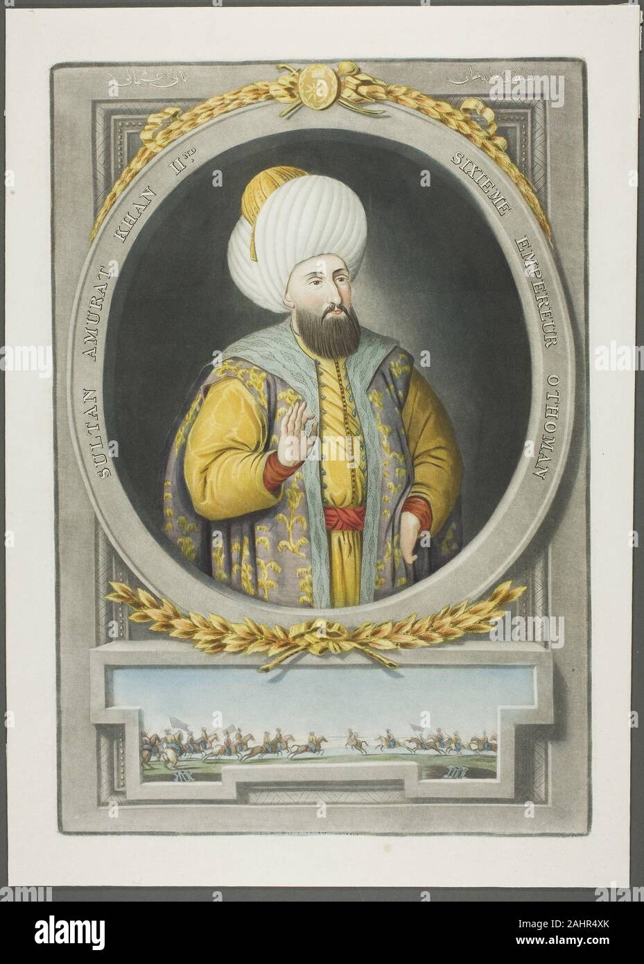 John Young. Amurat Kahn II, von Porträts der Kaiser von der Türkei. 1815.  England. Schabkunst, von Hand gefärbt mit Pinsel und Wasserfarben, auf  Elfenbein webte Papier Sultan Amurat II (Murad) war der
