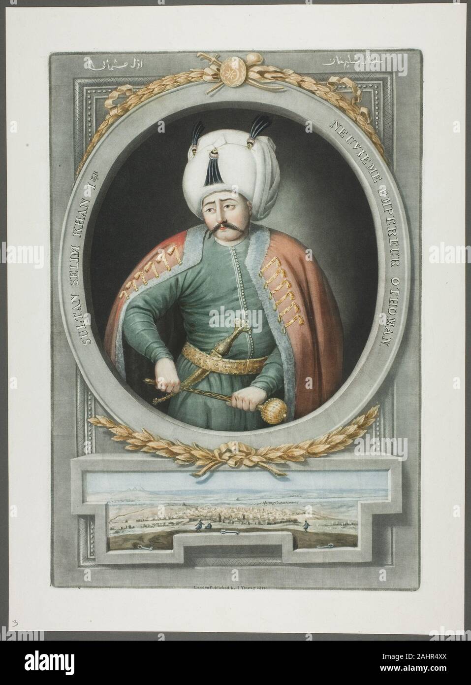 John Young. Selim Kahn ICH, von Porträts der Kaiser von der Türkei. 1815. England. Schabkunst, von Hand gefärbt mit Pinsel und Wasserfarben, auf Elfenbein webte Papier "Selim der Grimmige", wie er im Westen bekannt, war der 9 osmanische Sultan, Urteil von 1512 bis 1520. Er erhöhte die Türkischen Seestreitkräfte, zahlreiche Gebiete des Osmanischen Reichs, darunter Syrien, Palästina, Hedschas, Algier, und Ägypten (Cairo Pyramids in der unteren Kartusche angezeigt wird), und hatte auch ein Gespür für Poesie. Hier seine bejeweled Dolch und Mace seine militärischen Fähigkeiten zeigen. Diese schabkunst spiegelt die ursprünglichen Farben o Stockfoto